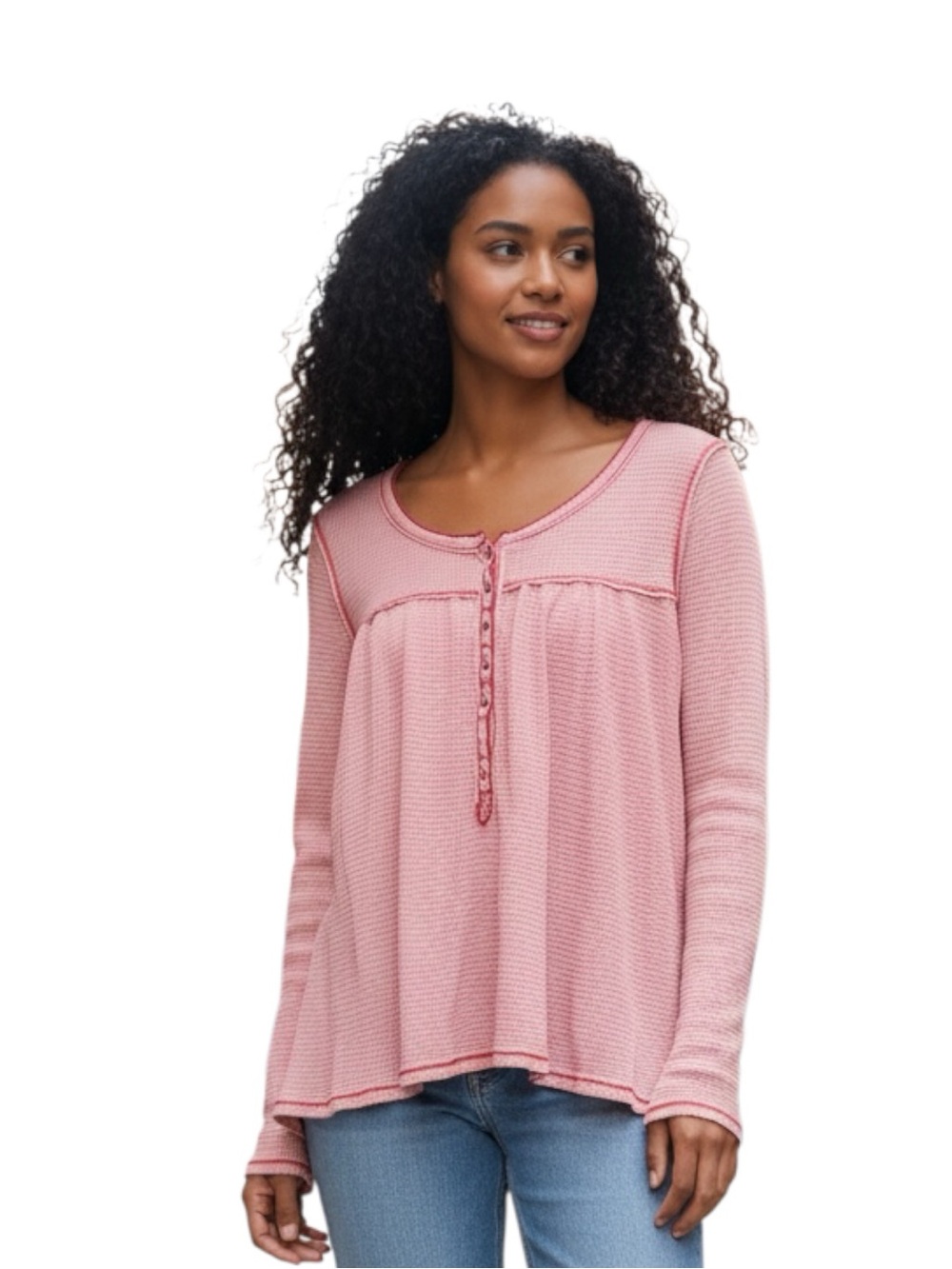 We The Free Dusty Pink Waffle Henley Long Sleeve Top Size L